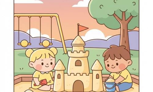 A joyful 2-year-old girl with short blond pigtails and pink cheeks sits in a sandbox with a small red shovel, smiling at a simple sandcastle with rounded towers and an improvised flag while Ben, about 3 with tousled brown hair, leans in helping tamp sand with a blue bucket; background park shows yellow swings, a round-leaf tree and a soft pastel orange-pink sunset sky, friendly safe atmosphere, vivid yet soft palette, clean outlines and rounded shapes.