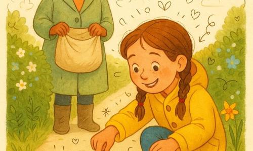 A joyful 10-year-old girl with braided brown hair, freckles, a yellow jacket and red boots kneels at the edge of a narrow country path to give a drop of sugar to a tired black-and-yellow bumblebee resting on a leaf; behind her stands a smiling, caring mother of about 35 with chestnut hair in a bun and a light green coat, holding an open cloth bag and watching proudly, the scene set on a spring morning with a pale sky, hedgerows of white and blue flowers, green grass dotted with daisies and daffodils, warm light, soft textures, and the composition focused on hands and gazes.