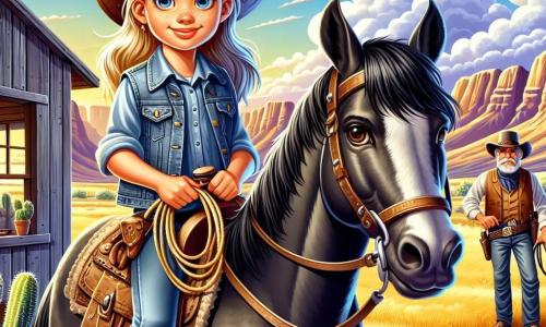 Ein junges Cowgirl, Emma, mit einem entschlossenen Lächeln und funkelnden Augen trägt einen Ledercowboystiefel, eine Jeansweste und abgenutzte Lederstiefel. Sie sitzt auf ihrem schwarzen Pferd Shadow, das eine glänzende Mähne und lebhafte Augen hat, während sie selbstbewusst in die Ferne schaut. Neben ihr steht Sheriff Harlan, ein Mann in den Fünfzigern mit einem grauen Schnurrbart und einem breiten Cowboyhut, der sein Lasso hält und die Szene aufmerksam beobachtet, bereit zu handeln. Die Szenerie ist eine weite goldene Prärie unter einem strahlend blauen Himmel mit einigen flauschigen weißen Wolken. In der Ferne zeichnen sich Berge am Horizont ab, und ein alter Kaktus steht stolz am Rand. Die Hauptsituation zeigt Emma und den Sheriff, die sich darauf vorbereiten, Banditen in einer alten Holzlaube zu konfrontieren, mit Hufabdrücken im staubigen Boden, während die Atmosphäre von Spannung und Aufregung erfüllt ist.