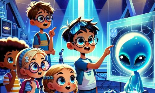Em um laboratório de astronomia cheio de telescópios gigantes e telas brilhantes, quatro crianças estão juntas, fascinadas por uma aparição extraterrestre. Lucas, um garoto de 10 anos com cabelos castanhos bagunçados e óculos redondos, está no centro, apontando para uma tela onde brilha uma luz misteriosa. Sofia, uma menina de 9 anos com cabelos loiros trançados e um sorriso curioso, se inclina ligeiramente para frente, com os olhos arregalados de admiração. Miguel, um garoto de 11 anos com cabelos negros e olhos brilhantes, segura um pequeno caderno de anotações, pronto para registrar tudo o que aprende. Clara, uma menina de 10 anos com cabelos ruivos e óculos de sol na cabeça, observa os extraterrestres com uma mistura de empolgação e surpresa. Ao fundo, três pequenos extraterrestres de pele azul flutuam no ar, com grandes olhos brilhantes e sorrisos amigáveis, vestindo roupas futuristas cintilantes que parecem mudar de cor à luz. O laboratório está repleto de gadgets científicos, livros abertos e pôsteres de estrelas, criando uma atmosfera de exploração e descoberta. Estrelas brilhantes são visíveis através de uma grande janela, acrescentando um toque mágico à cena. A situação principal mostra as crianças e os extraterrestres trocando ideias, com hologramas coloridos projetados ao redor, ilustrando sua colaboração intergaláctica e amizade emergente.