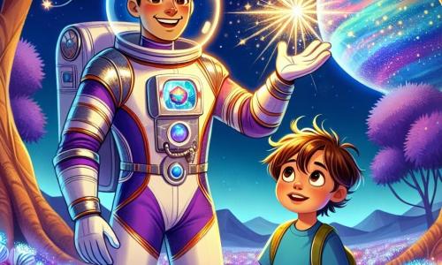 Um astronauta chamado Tomás está de pé com um grande sorriso no rosto, vestindo um traje espacial brilhante e colorido, com detalhes prateados. Seus olhos brilham de excitação enquanto ele admira um cristal mágico que brilha intensamente em sua mão. Ao seu lado, um garoto de 8 anos chamado Léo, com cabelos castanhos bagunçados e olhos curiosos, observa o cristal maravilhado. Ele usa uma camiseta azul e um short, inclinado para frente, fascinado pela descoberta. O cenário é uma paisagem extraterrestre deslumbrante, com árvores de folhas roxas e flores cintilantes que iluminam o solo. O céu é de um azul profundo, salpicado de estrelas brilhantes e uma grande planeta colorido visível no horizonte. A cena principal mostra Tomás e Léo explorando juntos, maravilhados com a beleza deste novo mundo, enquanto descobrem o cristal mágico que simboliza a aventura e a curiosidade do cosmos.