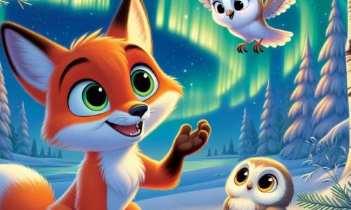 A young fox named Finn, with bright orange fur and sparkling curious eyes, stands at the center of the scene, mesmerized by the beautiful northern lights dancing in the night sky. He has a big smile, his ears perked up, as he raises a paw to touch the shimmering snow beneath him. Next to him, Bella, a wise owl with brown and white feathers, perches on a tree branch, her large round eyes shining with excitement. She gazes at the sky in admiration, her wings slightly spread, ready to take flight. Tilly, a small bunny with long ears and soft fur, sits in the snow surrounded by a few carrots she brought to share. She has a joyful and amazed look, her pink cheeks contrasting with the white snow. The setting is an enchanting winter landscape, with snow-covered trees, a starry sky dotted with bright stars, and the northern lights illuminating the night with vibrant shades of green and purple. The main scene shows Finn and his friends gathered under the dancing lights of the sky, sharing a moment of joy and wonder, celebrating the magic of winter together.