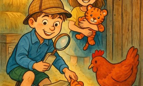 Een glimlachende, trotse 8-jarige jongen met een lichtbruin detectivepetje en een vergrootglas hurkt bij een stapel oude magazines terwijl hij voorzichtig een hoek van een oranje knuffeltijger tevoorschijn trekt; achter hem staat een 7–8-jarig meisje, eerst bezorgd dan opgelucht, met glanzende ogen en de knuffel stevig vast, en een roodbruine kip genaamd Flap met een klein kleurig lapje aan de poot pikt bij de schuurdeur; de oude houten schuur met versleten planken, zonnestralen door het stof, hooi en houten kisten schept een warme, nieuwsgierige sfeer.