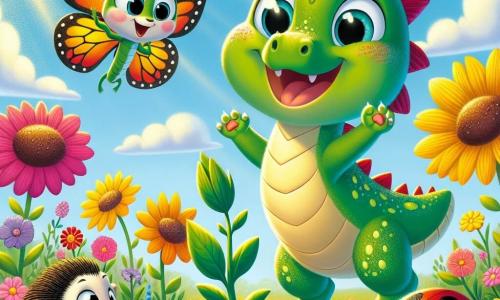 Un piccolo drago verde di nome Luca, con scaglie scintillanti e occhi brillanti come stelle, salta di gioia in un giardino fiorito, con un ampio sorriso sul volto. Accanto a lui, una farfalla colorata di nome Tina, con ali multicolori, vola intorno a lui, il suo viso radioso di eccitazione. Più vicino al suolo, una coccinella rossa a pois neri, Lila, osserva il terreno con meraviglia, mentre un piccolo riccio di nome Rino, con spine morbide e un'espressione curiosa, guarda il giardino con un sorriso soddisfatto. Il luogo è un magnifico giardino primaverile, pieno di fiori dai colori vivaci, sotto un cielo blu chiaro punteggiato di nuvole bianche e soffici. I raggi di sole illuminano la scena, creando un'atmosfera gioiosa e calorosa. La scena principale mostra Luca e i suoi amici intenti a piantare una piantina nel terreno, circondati da fiori che danzano al vento, mentre cantano insieme per incoraggiare la crescita del nuovo piccolo germoglio.
