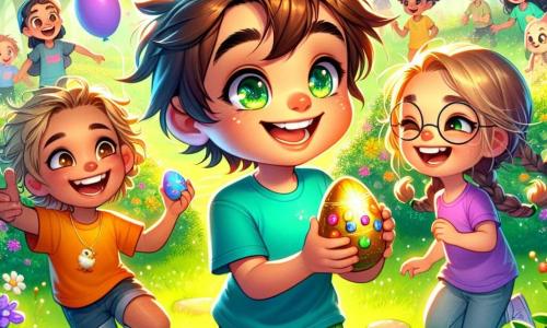 Un niño de 10 años, Lucas, con cabello castaño desordenado y ojos brillantes de alegría, se encuentra en el centro de la imagen, sonriendo ampliamente mientras sostiene un huevo de Pascua dorado en sus manos. Lleva una camiseta azul brillante y un pantalón corto verde, rodeado de sus amigos. A su derecha, Sara, una niña de 9 años con trenzas rubias y gafas redondas, recoge un huevo colorido del césped, su rostro iluminado por la emoción. A su izquierda, Tomás, un niño de 10 años con cabello negro y una sonrisa traviesa, ríe mostrando un huevo de chocolate que acaba de encontrar. El escenario es un parque verde, lleno de flores coloridas y grandes árboles, con globos flotando en el aire y guirnaldas de colores brillantes colgando de las ramas. Al fondo, un grupo de niños juega alegremente, creando un ambiente festivo. La escena principal muestra a Lucas y sus amigos en plena búsqueda de huevos de Pascua, riendo y divirtiéndose, mientras el sol brilla y los pájaros cantan en el cielo azul.
