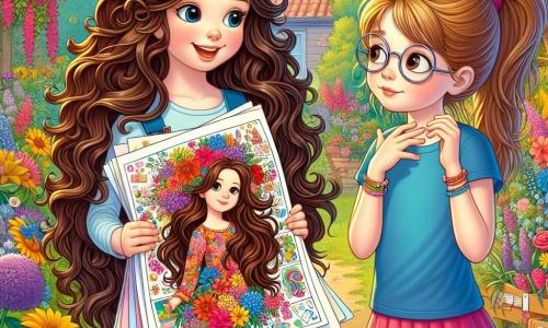 In einem sonnigen Garten sind zwei Mädchen versammelt. Mia, ein neunjähriges Mädchen mit langen braunen Haaren und fröhlichen Locken, trägt ein buntes Blumenkleid und lächelt begeistert. Sie steht links und hält ein großes Blatt Papier mit bunten Zeichnungen. Neben ihr steht Lina, ebenfalls neun Jahre alt, mit kastanienbraunen Haaren und runden Brillen, gekleidet in ein blaues T-Shirt und einen rosa Rock. Sie schaut schüchtern auf ihre eigenen Zeichnungen, mit einem leichten Lächeln im Gesicht, aber einem Hauch von Zögern in den Augen. Der Garten ist voll von leuchtenden Blumen in allen Farben: roten Rosen, gelben Sonnenblumen und zarten Veilchen. Im Hintergrund spendet ein großer Baum Schatten, und Schmetterlinge tanzen um die Blumen. Die Hauptsituation zeigt Mia, die Lina ermutigt, selbstbewusst ihre Zeichnungen zu teilen, während Freunde sich um sie versammeln, applaudieren und die Kunstwerke bewundern. Die Atmosphäre ist fröhlich und unterstützend, was das Thema Selbstvertrauen und Freundschaft veranschaulicht.