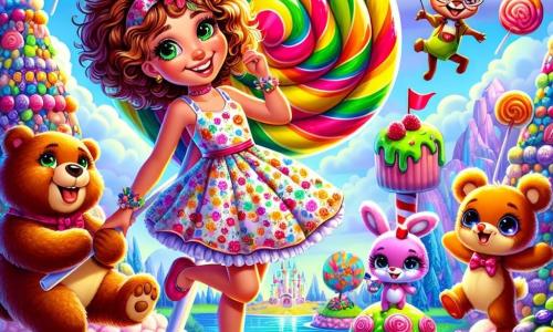 Al centro dell'immagine, una ragazza di 10 anni, Livia, con capelli ricci e occhi scintillanti, sorride meravigliata mentre si trova su un grande albero di caramelle, circondata da foglie di zucchero colorate. Indossa un vestito a fiori multicolori e tiene un enorme lecca-lecca in mano, guardando con gioia un gruppo di personaggi intorno a lei. Alla sua destra, un orsetto di peluche gigante, morbido e soffice, balla felicemente su un ramo di marshmallow. Alla sua sinistra, Benny, un coniglietto con occhiali rotondi, sta giocolando con caramelle, ridendo con entusiasmo. Più lontano, una tartaruga danzante con un cappello di festa si muove lentamente a ritmo, aggiungendo un tocco di follia alla scena. Il decor è l'Isola delle Caramelle, un luogo magico dove gli alberi sono fatti di liquirizia, i fiumi scorrono con cioccolato caldo e le montagne sono coperte di gelato colorato. Il cielo è di un blu splendente, punteggiato da nuvole a forma di marshmallow. La scena principale mostra Livia e i suoi amici in festa, circondati da caramelle volanti che danzano intorno a loro, mentre un drago di ghiaccio, curioso e divertito, si avvicina per assaporare un grande barattolo di nutella che Livia gli porge, creando un'atmosfera gioiosa e stravagante.