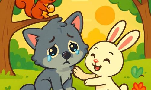 A small wolf with soft gray fur and bright eyes sits on a round stone, displaying a sad expression with sparkling tears on its cheeks. It looks at its friends with a melancholic air, its tail quivering and ears drooping. Nearby, a small rabbit with big ears and white fur approaches with a comforting smile to offer a hug. She appears joyful and attentive, her eyes sparkling with compassion. A red squirrel perched on a branch holds a small shiny stone and watches the scene with curiosity, its face showing a friendly expression. The setting is a green meadow dotted with colorful flowers and bathed in the golden light of the setting sun. Majestic trees with vibrant green leaves surround the field, creating a peaceful and warm atmosphere. In this scene, the little wolf expresses its sadness while its friends come to comfort it, illustrating the importance of sharing emotions and receiving support.