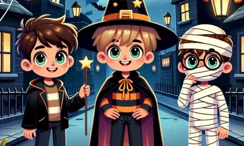 In einer für Halloween dekorierten Straße stehen drei Freunde zusammen: Max, ein 10-jähriger Junge mit zerzausten braunen Haaren und einem großen Lächeln, trägt ein schwarzes Hexenkostüm mit goldenen Sternen und einen spitzen Hut. Neben ihm steht Leo, ein 9-jähriger Junge mit blonden Haaren und funkelnden Augen, der ein Vampirkostüm mit einem roten Umhang trägt. Schließlich ist da Ben, ein 10-jähriger Junge mit Brille und braunen Haaren, der als Mumie verkleidet ist, mit Bandagen umwickelt. Sie stehen vor einem gruseligen Haus, geschmückt mit Spinnweben und leuchtenden Kürbislaternen. Die dunkle Straße ist von Laternen und Halloween-Dekorationen erleuchtet, während die Schatten an den Wänden der Häuser tanzen. Die Bäume sind kahl, ihre Äste strecken sich wie skelettartige Arme in den sternenklaren Himmel. Max hebt seinen Zauberstab und ruft „Abrakadabra!“, während ein großer, lächelnder Zauberkürbis auf sie zurollt, bereit, ihnen Süßigkeiten im Austausch für eine Geschichte zu geben. Die Freunde sind von einer Atmosphäre des Geheimnisses und der Magie umgeben, mit funkelnden Sternen über ihnen.