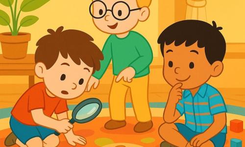 Há 3 personagens: - Pedro: um menino de 6 anos, com cabelo castanho bagunçado e olhos brilhantes. Ele usa uma camiseta vermelha e um short azul. Está agachado, examinando o chão com uma lupa. - Lucas: um menino de 5 anos, com cabelo loiro e óculos redondos. Ele veste um suéter verde e uma calça amarela. Está em pé, apontando para uma pegada de biscoito no tapete. - João: um menino de 6 anos, com cabelo preto e um grande sorriso. Ele usa uma camisa xadrez e shorts de denim. Está sentado no tapete, cercado por blocos coloridos, pensando na próxima etapa da investigação. O local é uma sala de estar aconchegante, com um grande tapete macio de padrões coloridos, paredes pintadas de amarelo pastel e uma mesa de madeira onde há um grande pote de biscoitos. Brinquedos estão espalhados ao redor, e uma luz suave entra pelas cortinas. A situação principal mostra os três amigos em plena investigação, procurando pistas para encontrar o misterioso ladrão de biscoitos. Eles estão concentrados e determinados, com expressões curiosas em seus rostos.