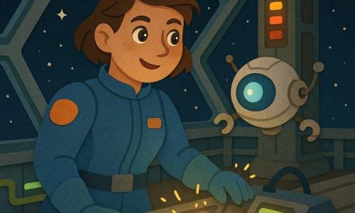 The main woman is a ~30-year-old captain with a determined, smiling face, bright eyes, short practical hair and a blue spacesuit with orange accents; she stands with one hand on a large glowing control panel. A small round silver companion robot (Arty) with a blue glowing eye and articulated arms floats beside her, glowing and friendly. The skydock is a large suspended metal bay with wide glass panels showing a starry sky, colorful pipes, flashing orange and green neon, and a central pillar with red and yellow indicators. The captain and robot are repairing a blinking control panel with exposed cables and soft sparks as lights gradually return, creating a calm, reassuring adventurous mood.