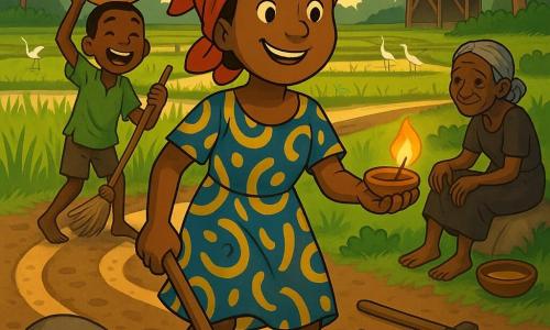 Main woman: Adia, a smiling determined young woman with a round face, mud-stained knees, a red headscarf and a yellow-and-blue cotton dress, holding a small lit clay lamp in one hand and a stick in the other, warm proud gaze; secondary: Amadu, about 12, dark-skinned with short hair and a wrinkled green shirt, laughing with a calabash on his head, standing behind Adia helping sweep; secondary: Nana Sira, around 70, slightly stooped with braided gray hair and a dark wrapper, seated under a small tree to the right with her hand on an oil bowl, gentle observant look; setting: shining mirror-like rice paddies at dusk, bright green rows, wet brown mud, a large smooth rock by the path, blue dragonflies and white herons in the distance, palm trees and a thatched hut in the background; main scene: a newly made winding path through the mud bordered by singing villagers, Adia in the foreground holding a small golden flame, the curved trail bending around the rock like a smile, tools on the ground, warm evening light and long shadows.