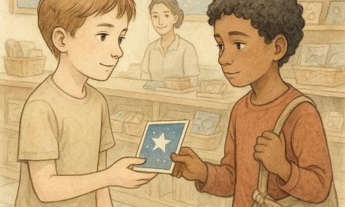 10-year-old boy (Leo) with a gentle, focused expression, short chestnut hair and hazel eyes, offering a small starry postcard; about 9-year-old boy (Amir) with shy, moved expression, warm skin and curly black hair, accepting the card with one hand while clutching a worn tote bag with a knotted strap in the other, standing to Leo's right; adult woman (Ms. Carter), 30–40, hair tied back, warm gaze, smiling quietly from near the shop counter in the background; inside a museum shop with light wood shelves, boxes of shiny stones, baskets of colorful postcards, soft filtered light, tiled floor and astronomy posters; main moment: a discreet, tender exchange—Leo gives a postcard as a gift, Amir receives it surprised and grateful, showing the tote’s worn pocket, knotted strap and a small shiny keepsake stone in Leo’s hand, overall intimate, warm atmosphere.