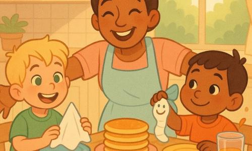 Three characters: a 6-year-old blond boy with sparkling green eyes sitting left of a plate of pancakes holding a towel folded like a "mountain"; a 4-year-old brown-haired boy with rosy cheeks sitting right of the plate holding a towel drawn like a "worm" with a smiley and looking affectionately at his brother; and their mother, about 30, chestnut hair in a loose bun, soft eyes, laughing with open arms to embrace the children, standing slightly bent toward the table wearing a pastel apron; set in a sunny kitchen with a light wood table, colorful plates, a stack of golden pancakes, shiny red apples, a glass of orange juice with a small splash, scattered napkins and crayons, and a window showing a green garden and warm morning light; the boys proudly present their folded towels while the mother laughs and hugs them, creating a tender, joyful family scene with soft colors, rounded lines and exaggerated smiling expressions to emphasize warmth.