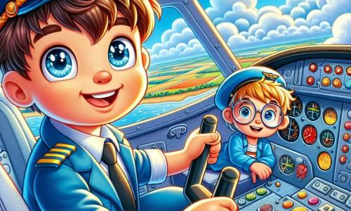 Un joven piloto, Lucas, un chico de 10 años con cabello castaño y ojos brillantes, lleva una gorra de piloto y un uniforme azul. Está sentado en la cabina de un pequeño avión, sonriendo con emoción mientras sostiene el volante, listo para despegar. A su lado, Tomás, otro chico de 9 años con cabello rubio y gafas redondas, lleva un pequeño gorro de piloto y mira por la ventana con asombro, sus ojos bien abiertos, admirando el paisaje de abajo. La cabina está llena de botones coloridos e instrumentos brillantes, mientras que el horizonte se extiende a la vista, con nubes blancas flotando alrededor del avión. La escena se desarrolla en un cielo azul brillante, donde el sol brilla intensamente, iluminando el interior de la cabina y creando una atmósfera alegre y aventurera. Lucas y Tomás están a punto de vivir su primera aventura de vuelo juntos, listos para volar hacia las nubes, simbolizando la emoción y la amistad en su sueño de convertirse en pilotos.