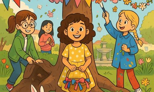 Ci sono cinque personaggi: quattro bambine di 8 anni — Sofia, capelli castani ricci, vestito giallo a pois bianchi, sorridente, al centro davanti a un grande ciliegio con un cesto decorato; Marta, capelli castano raccolti in coda, giacca verde, occhiali tondi, maliziosa, a sinistra mentre infila un piccolo indizio tra le radici; Chiara, capelli biondi intrecciati, camicetta blu macchiata di pittura, pennello in mano, a destra a mettere ghirlande e fiori sui rami; Giulia, capelli neri lisci, maglione rosa, sorriso fiducioso, vicino a una fontana sullo sfondo mentre nasconde un ovetto di cioccolato; e un coniglietto bianco magico, pelo immacolato e occhi brillanti, che salta davanti a loro lasciando una scia di polvere dorata. Luogo: un giardino di paese in primavera con prato verde, vecchio ciliegio dalle grosse radici, fontana di pietra con acqua che scintilla, aiuole di tulipani e narcisi e festoni colorati sui rami, luce dorata di un pomeriggio soleggiato. Situazione: una gioiosa caccia alle uova di Pasqua con le quattro amiche che preparano una sorpresa per le loro famiglie (decorazioni, nascondigli di indizi, cesti), atmosfera festosa, colori vivi ed espressioni meravigliate.