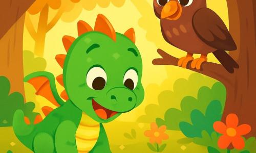 Um pequeno dragão chamado Luninho, com escamas verdes brilhantes e olhos cheios de curiosidade, está à beira de um lago cintilante. Seu rosto expressa uma alegria maravilhada, com um grande sorriso e bochechas rosadas. Ele observa seu reflexo na água clara, onde os raios de sol dançam na superfície. Ao lado dele, uma corvo sábia chamada Olívia, com penas marrons e olhos redondos e astutos, está empoleirada em um galho de árvore. Ela exibe uma expressão doce e encorajadora, observando Luninho com benevolência. O cenário é uma floresta encantada, repleta de árvores majestosas com folhas douradas e flores coloridas ao redor do lago. Raios de luz filtram-se através dos galhos, criando uma atmosfera mágica e acolhedora. A situação principal mostra Luninho, o dragão curioso, descobrindo seu reflexo no lago pela primeira vez, enquanto Olívia o incentiva a explorar o mundo fascinante ao seu redor.
