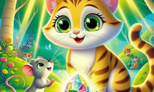 Um gato curioso chamado Miau, com pelagem listrada em tons dourados e olhos verdes brilhantes, está no centro da cena, com as orelhas em pé e um sorriso maravilhado no rosto, segurando com as patas uma pedra brilhante que cintila intensamente. Ao seu lado, sua melhor amiga, Pipoca, uma pequena rata com pelagem cinza e olhos travessos, levanta a pata para tocar a pedra, exibindo uma expressão de empolgação. A cena ocorre em uma linda clareira ensolarada, cercada por árvores de folhas verdes vibrantes e flores coloridas que dançam ao vento, enquanto um suave raio de sol ilumina a pedra mágica. Miau e Pipoca estão diante de um grupo de animais da floresta, que os observam com curiosidade, prontos para descobrir o poder da pedra da amizade. A situação principal mostra Miau e Pipoca descobrindo a pedra brilhante, simbolizando o início de uma aventura mágica onde a amizade e a solidariedade são celebradas.