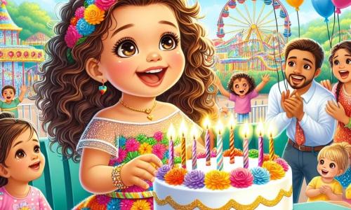 Uma menina de 2 anos, com cabelos cacheados e olhos brilhantes, veste um vestido colorido decorado com flores. Ela está cheia de alegria, sorrindo amplamente enquanto descobre uma surpresa de aniversário no parque. Ao seu lado, sua mãe, uma mulher na casa dos trinta anos com cabelos longos e castanhos, a observa com ternura, segurando um grande balão em forma de coração. Um pouco mais longe, seu pai, um homem na casa dos trinta anos com uma barba leve e um sorriso caloroso, segura um bolo de aniversário decorado com velas coloridas, pronto para colocá-lo em uma mesa. O local é um parque de diversões ensolarado, repleto de cores vivas: carrosséis brilhantes, árvores verdes e flores vibrantes. Crianças riem e brincam ao redor, contribuindo para a atmosfera festiva. A cena principal mostra a menina descobrindo uma mesa decorada com balões e um grande bolo de aniversário, cercada por seus amigos que gritam "Surpresa!" com sorrisos radiantes em seus rostos.