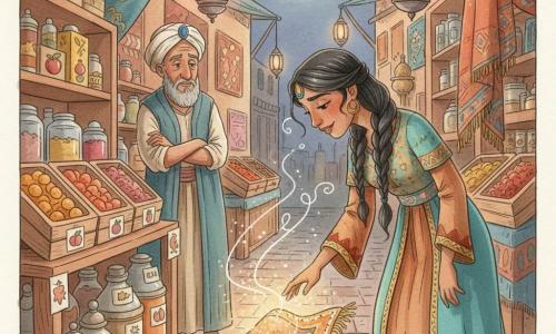 Yasmina, mulher adulta de rosto sereno e curioso, cabelos pretos trançados e vestido longo em turquesa e ocre, inclina‑se sorrindo e estende a mão delicadamente para um pequeno tapete enrolado que brilha, com franjas douradas emitindo luz âmbar; Djalil, velho algarveiro com barba grisalha e turbante, está à esquerda atrás de uma prateleira de frutos secos, de braços cruzados e olhar desconfiado e comovido; o bazar noturno é apertado e colorido, com lanternas de metal, caixas de tâmaras e especiarias, tecidos geométricos e chão de pedras sob a luz baixa da lua; momento mágico em que o tapete começa a irradiar, três volutas de brisa perfumada a canela desenham‑se no ar e surge uma linha bordada na sua borda; estilo em aguarela suave, cores quentes (ocre, turquesa, cobre), texturas detalhadas da lã do tapete, luzes rosadas das lanternas e realces brancos nas franjas e nas volutas.