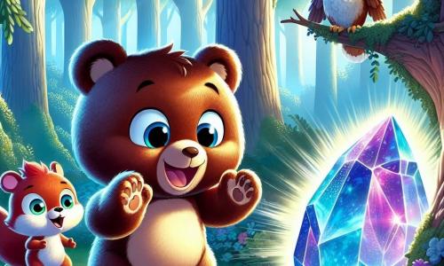 Benny, a young chocolate-brown teddy bear with big round amazed eyes, stands in front of a shimmering stone reflecting blue and purple hues, wearing an excited smile. Next to him, Sammy, a small squirrel with reddish fur and a bushy tail, jumps for joy, his eyes sparkling with curiosity, while Olivia, a wise owl with white feathers and golden eyes, watches the scene with intrigue from a branch. The setting is an enchanted forest with majestic trees, vibrant green leaves, and sunlight filtering through the foliage, creating a magical atmosphere. The main focus shows Benny, Sammy, and Olivia, fascinated by the mysterious stone that begins to glow intensely, signaling the start of their time travel adventure.