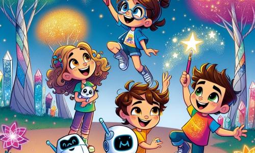 En un parque futurista, cuatro amigos están juntos, radiantes de alegría. Sofía, una niña de 10 años con grandes ojos brillantes y cabello rizado, sonríe sosteniendo un pequeño robot en forma de perro llamado Bibi. A su lado, Lucas, un niño de 11 años con cabello despeinado y una camiseta colorida, señala al cielo con entusiasmo, soñando con volar. Elena, una niña de 10 años con gafas redondas y cabello trenzado, se inclina sobre un dibujo que ha hecho en el aire con su lápiz mágico, creando estrellas brillantes. Finalmente, Mateo, un niño de 11 años con una amplia sonrisa y cabello castaño, estalla en risas, rodeado de flores coloridas que brillan al sol. El parque es un lugar encantador, lleno de árboles con hojas de cristal que reflejan los colores del arcoíris. Las flores mágicas cambian de color con cada sonrisa, y robots amigables se mueven por ahí, ayudando a los niños a jugar. La escena principal muestra a los amigos creando un espectáculo de colores en el cielo con el lápiz mágico de Elena, mientras Bibi, el pequeño robot, los observa con ojos chispeantes, y las flores a su alrededor florecen en respuesta a su alegría.