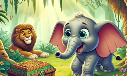 Un tânăr elefant pe nume Trumbo, cu urechi mari care se leagănă și un zâmbet strălucitor, stă în centrul scenei, cu ochii strălucind de excitație și curiozitate. Este înconjurat de frunziș verde luxuriant și flori colorate, în timp ce privește cu uimire o cutie veche din lemn ornamentată cu motive misterioase, așezată pe solul junglei. Aproape de el, un leu înțelept pe nume Leo, cu o coamă aurie și ochi strălucitori, stă sub un mare baobab, observându-l pe Trumbo cu un zâmbet binevoitor. Locul este o junglă vibrantă, plină de copaci mari cu trunchi groși, liane suspendate și raze de soare care filtrează prin frunziș, creând o atmosferă magică și primitoare. Situația principală arată cum Trumbo descoperă cutia misterioasă, un moment de revelație în care își dă seama că adevărata aventură constă în curaj și prietenie, fiind înconjurat de frumusețea naturii.