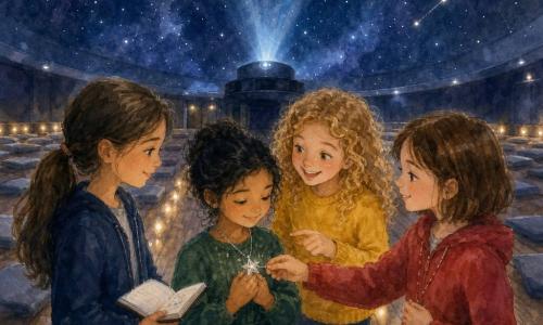 Vier meisjes in een planetarium onder een donkere koepel met zacht blauw licht en een sterrenprojectie: Lena (ongeveer 9) met bruin glad haar in een paardenstaart en een donkerblauwe jas houdt een open notitieboekje links; Noor (ongeveer 9) met blond krullend haar en een geel truitje staat iets rechts en leunt voorover glimlachend; Samira (ongeveer 8) met zwart haar en een groene jurk staat middenvoor en houdt een zilveren stervormige hanger tegen haar borst; Mila (ongeveer 9) met kort kastanjebruin haar en een rood jasje rechts reikt de hanger terug naar Samira; de sfeer is zacht en emotioneel, met vriendelijke gebaren en lichte glimlachen.