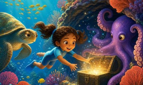 Una niña de 6 años, sonriente y asombrada, con cabello castaño ondulado en dos coletas y un traje de buceo azul claro, nada hacia un cofre antiguo y extiende la mano para abrirlo; una tortuga marina vieja y sabia con caparazón verde y dorado flota a la izquierda, un gran pulpo morado se aparta frente a la entrada de una cueva coralina, el escenario es un arrecife luminoso con corales en abanico naranja, rosa y rojo, cardúmenes de peces amarillos, burbujas y rayos de sol en agua turquesa, y la cueva del cofre brilla como un cielo estrellado con partículas centelleantes que crean una atmósfera de maravilla serena.