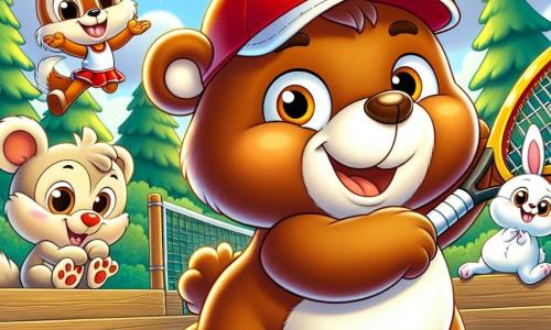 Un gran oso pardo llamado Bruno, con una sonrisa alegre y ojos brillantes, está golpeando una pelota de tenis en una cancha soleada, llevando una raqueta amarilla brillante y una gorra roja. A su lado, una pequeña ardilla llamada Susi, con pelaje rojizo y ojos traviesos, salta de alegría animándolo, mientras un conejo blanco llamado Toby, con grandes orejas y rostro entusiasta, aplaude con las patas levantadas. Al fondo, una tortuga verde llamada Tita, con una sonrisa amigable, observa el juego sentada en un banco de madera. El lugar es una cancha de tenis rodeada de grandes árboles verdes, con flores coloridas que bailan con la brisa, y un cielo azul brillante lleno de nubes blancas esponjosas. La situación principal muestra a Bruno en plena acción, listo para golpear la pelota, mientras sus amigos lo animan con entusiasmo, creando un ambiente alegre y amistoso.