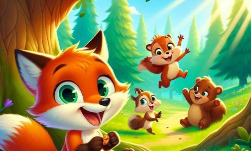 In a sunny clearing in the forest, a small fox named Felix, with bright orange fur and sparkling eyes, sits under a large oak tree, a wide smile illuminating his face. He holds a colorful piece of cake in his paws, crumbs falling to the ground as he looks at his friends in wonder. Next to him, Sammy, a mischievous brown squirrel, jumps for joy, holding a shiny acorn in his front paws, his face beaming with excitement. A little further away, Benny, a friendly brown bear, leans forward with a big smile, his arms open as if to share the joy of the moment. The scene takes place in a lush clearing surrounded by majestic trees, with colorful flowers scattered on the ground and rays of sunlight filtering through the leaves, creating a magical and warm atmosphere. Felix, Sammy, and Benny are celebrating Felix's birthday together, sharing a delicious berry cake, filled with laughter and friendship, in a festive and joyful ambiance.