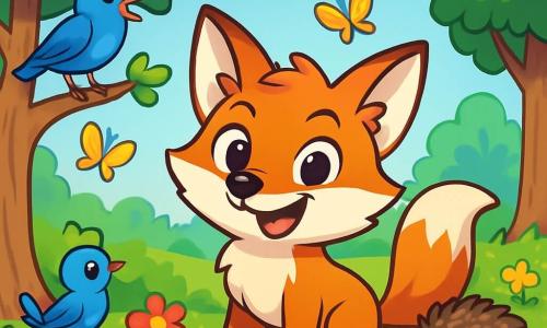 A mischievous fox with sparkling eyes and bright red fur, wearing a sly smile, stands in the center of a sunny clearing surrounded by colorful flowers and fluttering butterflies. Next to him, a small bright blue bird sings cheerfully on a low branch, while a curious hedgehog, with its spiky back, watches the scene with intrigue. The clearing is lined with majestic trees with vibrant green leaves, and a clear blue sky stretches above, dotted with fluffy clouds. The fox, with a determined and joyful expression, prepares a fun show to make his friends laugh, while the other animals gather around him, eager to see his surprises.