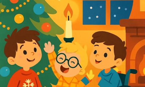 Es gibt drei Charaktere: - Max: ein 6-jähriger Junge mit zerzausten braunen Haaren, der einen roten Pullover mit Schneeflocken trägt. Er steht links, lächelt und schaut auf den Weihnachtsbaum. - Tim: ein 5-jähriger Junge mit blonden Haaren und runden Brillen, gekleidet in einem karierten Hemd. Er ist in der Mitte und springt vor Freude mit erhobenen Armen. - Leo: ein 6-jähriger Junge mit kastanienbraunen Haaren und strahlendem Lächeln, sitzt in einem Rollstuhl, der mit Girlanden geschmückt ist. Er ist rechts und schaut mit Staunen auf den Baum. Der Ort ist ein gemütliches Weihnachtszimmer mit einem großen beleuchteten Baum, geschmückt mit bunten Kugeln und funkelnden Girlanden. Draußen fallen sanft Schneeflocken, und der Kamin knistert und wirft ein sanftes goldenes Licht in den Raum. Die Hauptsituation zeigt die drei Freunde, die versuchen, eine Kerze am Baum auszublasen, um sie wieder anzuzünden, ihre Gesichter erleuchtet von der Magie der Lichter und der Freude von Weihnachten.
