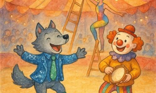 Een kleine wolf in een glinsterend kostuum met een glitterdas en groene laarzen danst vrolijk in het midden van een circuspiste. Naast hem speelt een vrolijke clown met een glanzende rode neus en kleurrijke sokken enthousiast op de tamboerijn. Achter hen manipuleert een acrobate in een kleurrijk kostuum een grote houten ladder die bijna levend lijkt, trillend op het ritme van de muziek. De scène speelt zich af onder een lichtgevulde circustent, met glinsterende lichtslingers erboven en een bewonderend publiek dat op de achtergrond applaudisseert. De sfeer is feestelijk en magisch, vol levendige kleuren en dynamische bewegingen.