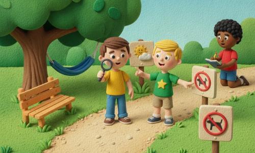 Hay tres niños: Mateo (≈7 años), pelo castaño corto, camiseta amarilla, vaqueros, sostiene una lupa en la mano derecha y mira un cartel central; Lucas (≈7 años), pelo rubio corto, camiseta verde con una estrella, pantalón corto beige, sonríe y señala un cartel con un perro tachado a la derecha de Mateo; Tomás (≈6 años), pelo negro rizado, camiseta roja, bermudas azules, arrodillado junto a un árbol tomando notas con un cuaderno y lápiz. Lugar: pequeño parque de barrio con césped texturizado, camino de grava beige, un gran árbol con hamaca azul, banco de madera y varios paneles de madera con pictogramas (perro tachado, árbol con hamaca, sol y nube). Situación: los tres examinan paneles informativos; ambiente soleado, colores vivos, formas suaves y aspecto de masa moldeable.