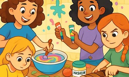 Ci sono 4 bambine: - Sofia: una ragazza di 11 anni con capelli ricci castani, indossa una maglietta blu e pantaloni rosa. Sta mescolando maionese colorata in una grande ciotola, con un sorriso malizioso. - Giulia: la sorella gemella di Sofia, con capelli biondi lisci, indossa un vestito giallo. È accovacciata, intenta a tagliare cetrioli, con un'espressione concentrata. - Emma: una ragazza di 11 anni con capelli rossi intrecciati, indossa una maglietta verde e pantaloni di jeans. È in piedi, con un coltello da pane, pronta a affettare una grande pagnotta, con un'espressione determinata. - Chiara: una ragazza di 11 anni con capelli neri ricci, indossa una maglietta viola. È in piedi accanto a Sofia, tiene tubi di colorante alimentare, sorridendo, pronta ad aggiungere colori alla maionese. La scena si svolge in una cucina luminosa e colorata, con pareti giallo pastello. Il pavimento è in piastrelle bianche, e il tavolo è coperto di vari ingredienti: barattoli di maionese, verdure tagliate e tubi di colorante. Schizzi di maionese colorata decorano le pareti e il pavimento, aggiungendo un tocco di caos gioioso all'ambiente. Le quattro ragazze stanno preparando uno spuntino divertente, creando panini colorati e strani, ridendo e sfidandosi, illustrando la complicità e il divertimento tra sorelle e amiche.