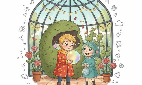 Il principe (ragazzo) è piccolo, sorridente e curioso, con cappotto a pois rosso e giallo e capelli biondo miele; tiene delicatamente una grande sfera di vetro luminosa che dona alla serra per riconciliare gli abitanti; Brina la ninfa (ragazza ~8 anni), minuta, capelli corti verde-azzurri, ride tenendo un sacchetto di gocce di rugiada e guarda la sfera con occhi brillanti; la Pianta-Riccio (pianta-personaggio) è un cespuglio a forma di riccio con foglie punteggiate e morbide che apre una cavità dove riposa la sfera, petali cadono intorno e sta dietro il principe come amica protettiva; la serra è una grande casa di vetro con vetrate arrotondate piena di piante colorate — rose che arrossiscono, cactus buffi, liane a spirale, pavimento a motivo di caramella e ghirlande di lucine; scena principale calda e giocosa, luce morbida, colori vivaci, petali che fluttuano e piccole note musicali disegnate come doodle.