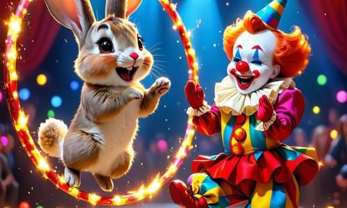 Max, ein kleiner Hase mit großen Ohren und weichem, braunem Fell, steht auf der Bühne, seine Augen strahlen vor Aufregung und ein großes Lächeln ziert sein Gesicht, während er durch einen brennenden Reifen springt, umgeben von bunten Lichtern. Neben ihm applaudiert Pippin, ein fröhlicher Clown mit einer roten Nase und zerzausten Haaren, begeistert, sein Gesicht strahlt vor Stolz und Freude, während er bunte Ballons in seinen Händen hält. Im Hintergrund ist das große Zirkuszelt, dekoriert mit roten und weißen Streifen, gefüllt mit staunenden Zuschauern, während funkelnde Sterne und Lichtergirlanden die Bühne erhellen. Die Szene zeigt den magischen Moment, in dem Max, der kleine Hase, seinen Traum verwirklicht, indem er einen spektakulären Sprung macht und das Publikum mit seinem Talent und Mut fesselt.