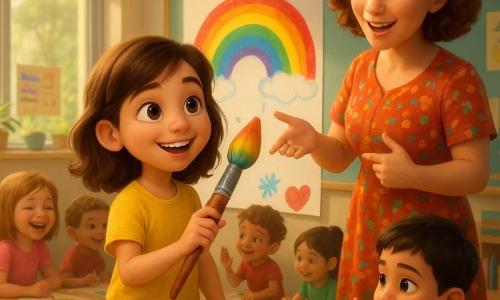 Ana, fetiță de 8 ani, zâmbește încrezătoare ținând un pensul mare colorat și pictând un curcubeu viu pe o foaie mare lipită de perete; doamna Maria, femeie de 30–40 de ani cu zâmbet cald, cântă și ghidează copiii stând în dreapta Anei; Mihai, băiat de 8 ani cu expresie concentrată, comunică în limbaj mimico-gestual privind-o pe Ana și stă ușor în stânga ei lângă masă; alți 3–4 copii (fete și băieți, 7–9 ani) râd și adaugă desene în jurul curcubeului; sala e luminoasă, ferestre mari cu lumină de dimineață, mese din lemn deschis, postere colorate, plante în ghivece și rafturi cu cărți și creioane; atmosferă caldă și incluzivă, culori saturate, contraste blânde și texturi netede, lucioase, într-un stil de animație 3D, focalizare pe curcubeul central și chipurile expresive ale copiilor.
