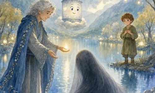 A gentle-faced man named Tomas with pale gray hair, a soft smile and a small warm light like a candle in his outstretched hand stands at the edge of a tranquil mirror lake wearing blue-gray woven clothes and a cape edged with tiny flowers; a carved glass lantern engraved with hearts and waves floats to his right on a low cloud, casting a silver glow and laughter-like patterns and seeming attentive and kind; across the shore a shy seven-year-old boy with chestnut hair and a simple leaf-colored robe stands with hands to his heart watching Tomas and the lake; before Tomas at the water’s edge a large, supple slate-gray shadow shaped like a pleated veil hesitates between folding and releasing; the scene takes place in a misty, luminous valley of floating clouds, low pastel-leaf trees, shiny pebbled shores, silvery grasses and lanterns like low stars in watercolor blues, pale greens and touches of gold; Tomas reaches his light toward the shadow to comfort and soften it while the lantern and boy look on, a calm, tender, hopeful moment with trembling reflections on the water.