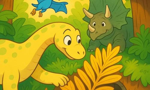 A gentle, long-necked diplodocus named Luna, pale yellow with light green spots, bright round eyes and a warm smile, is amazed and curious as she nudges a large golden fern with her muzzle to reveal a spiral stone staircase leading underground; a small blue-feathered pterodactyl named Pip, excited, hovers above flapping its delicate wings and points at the fern with a foot, while an old triceratops named Trixie with massive horns and rough gray skin sits under a big fern in the background, kindly observing; the scene is a bright dinosaur forest with thick trunks, giant emerald leaves, golden sunbeams, mossy ground and colorful small flowers, the shiny golden fern contrasting strongly with the green, creating a calm, magical atmosphere with vivid colors, clear outlines and very readable expressions for children.