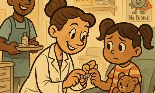 The main character is a smiling, kind female doctor with brown hair in a bun, wearing a clean white coat with pockets; she is crouched and gently applying a colorful 