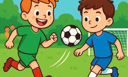 A young boy named Tom, about 10 years old, is wearing a green football jersey and bright red socks. He has a big joyful smile on his face, his eyes sparkling with excitement as he runs on the field. Next to him, his friend Ben, also a 10-year-old boy with brown hair, is wearing a blue jersey and is ready to kick the ball that has just been passed to him, showing a focused and enthusiastic expression. The football field is green and sunny, surrounded by cheerful spectators, with trees in the background and a clear blue sky dotted with a few white clouds. In the center of the image, Tom and Ben are near the goal, with the football soaring through the air in a beautiful curve. The scene conveys a sense of camaraderie and fun, capturing the moment when Tom passes the ball to Ben, who is ready to score a goal.