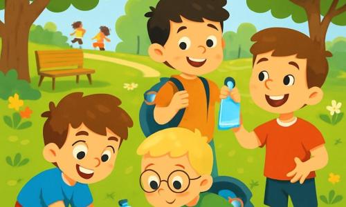 There are 4 children: Max, an 8-year-old boy with messy brown hair, wearing a blue t-shirt and red shorts, is picking up a piece of plastic from the ground, smiling enthusiastically. Leo, a 7-year-old boy with blonde hair and round glasses, dressed in a green t-shirt and beige pants, is bending down to pick up a plastic bottle, looking focused. Sam, an 8-year-old boy with black hair and freckles, wearing an orange t-shirt and blue shorts, is holding a backpack filled with recyclable waste, looking proudly at his friends. Ben, a 7-year-old boy with brown hair and a bright smile, dressed in a red t-shirt and shorts, is showing a shiny wrapper he found, laughing joyfully. The main setting is a green park with large trees, colorful flowers in the grass, and a clear blue sky with fluffy white clouds. Wooden benches and a gravel path can be seen, where other children are playing. The main situation shows the four friends cleaning the park, laughing and encouraging each other while picking up colorful trash, turning their activity into a fun game and caring for nature.