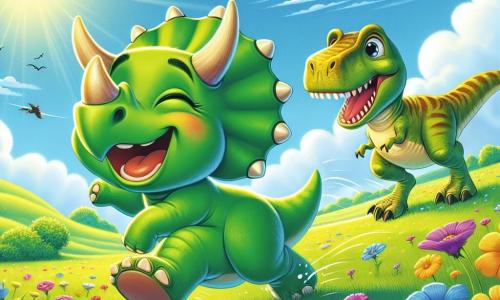 Ein Triceratops namens Trixi, mit leuchtend grüner Haut und drei Hörnern auf dem Kopf, springt voller Freude auf einer sonnigen Wiese, umgeben von bunten Blumen. Neben ihm spielt ein freundlicher T-Rex mit gelben Schuppen und einem großen Lächeln, während sie über das grüne Gras rennen. Die Szene findet in einer weitläufigen Wiese statt, die von goldenem Licht durchflutet wird, mit sanften Hügeln am Horizont und einem blauen Himmel, der mit flauschigen weißen Wolken übersät ist. Trixi und der T-Rex haben Spaß zusammen, lachen und rennen, und feiern ihre neue Freundschaft in dieser idyllischen Landschaft.