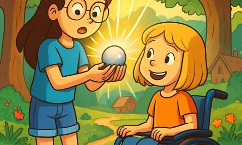 Es gibt zwei Hauptfiguren: - Sophie: ein 10-jähriges Mädchen mit langen braunen Haaren und runden Brillen. Sie trägt ein blaues T-Shirt und eine Jeansshorts. Sie steht mit weit aufgerissenen Augen und hält eine kleine silberne Kugel in ihren Händen. - Emma: ein 10-jähriges Mädchen mit schulterlangen blonden Haaren und einem strahlenden Lächeln. Sie sitzt in einem hübschen Rollstuhl, der mit Blumen dekoriert ist, und schaut neugierig auf die Kugel. Der Schauplatz ist ein alter Park, gefüllt mit majestätischen Bäumen und leuchtend grünen Blättern. Überall wachsen bunte Blumen, und ein gewundener Kiesweg führt zu einer kleinen Lichtung, die in goldenes Licht getaucht ist. In der Ferne sind Holzhäuser mit schrägen Dächern zu sehen, typisch für das 19. Jahrhundert. Die Hauptsituation zeigt Sophie und Emma, die die geheimnisvolle silberne Kugel entdecken, die in tausend Farben funkelt. Ein leuchtender Schein umgibt sie, während sie bereit zu sein scheinen, ein unglaubliches Abenteuer in der Zeit zu erleben.