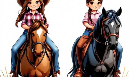 Clara McGraw, a 12-year-old cowgirl, proudly stands on her mare Daisy, wearing a wide cowboy hat and a determined smile. Her brown hair flows in the wind as she dons a plaid shirt and leather boots. Beside her, Dakota, a 14-year-old girl with long braided hair, rides her black horse, showing confidence and camaraderie. She wears a leather vest and a colorful scarf around her neck. The scene takes place in an outdoor arena, surrounded by enthusiastic spectators, with colorful banners fluttering in the wind and food stalls in the background. The dusty ground and bright sun create a festive atmosphere. Clara and Dakota stand side by side, ready to confront intruders disrupting the competition, with expressions of courage, determined to protect their event and uphold the spirit of camaraderie.