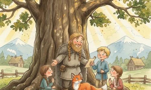 Ein rundgesichtig bärtiger Mann namens Leif mit hellbraid geflochtenen Haaren, in einer Wolltunika und Pelzmantel, lächelt freundlich und reicht den Kindern die Hand, während er ein kleines zusammengerolltes Pergament unter dem Arm hält; rechts von ihm steht ein etwa neunjähriger blonder Junge mit Wanderstab, links hockt ein etwa siebenjähriges Mädchen mit braunen Zöpfen und einem Korb Beeren, alle sitzen auf Mooskissen um Leif, ein roter Fuchs mit buschigem Schwanz liegt bei seinen Füßen; die Szene spielt unter einer alten Eiche mit sichtbaren Wurzeln, goldene Sonnenstrahlen dringen durch dunkle grüne Blätter, im Hintergrund blaue Hügel, entfernte schneebedeckte Berge und einige strohgedeckte Holzhäuser; Hauptsituation: Leif erzählt die Legende des Helden Eirik, warme, einladende Komposition in sanften Aquarellfarben mit Gelb- und Ockertönen für das Licht und texturierten Grün- und Brauntönen für den Wald.