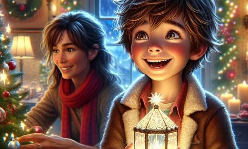 Un niño de 7 años, Lucas, con cabello castaño desordenado y una gran sonrisa, está en el centro de la imagen, sosteniendo un pequeño farol de cristal brillante. Sus ojos brillan de emoción y felicidad mientras mira a su alrededor, listo para compartir la magia de la Navidad. A su derecha, su madre, una mujer de unos treinta años con cabello castaño y una bufanda roja, decora un árbol de Navidad con bolas coloridas y guirnaldas brillantes. Ella sonríe tiernamente a Lucas, orgullosa de su entusiasmo. El ambiente es acogedor, lleno de luces navideñas y decoraciones festivas. Un gran árbol de Navidad está iluminado en un rincón, mientras una mesa de madera está cubierta de pasteles y chocolates navideños. La escena principal muestra a Lucas, maravillado, revelando la magia de la Navidad a su familia con el farol mágico, iluminando la habitación mientras las estrellas brillan a través de la ventana, creando una atmósfera mágica y alegre.