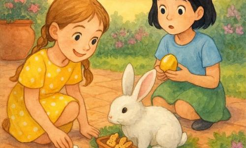 Hay 3 personajes: una niña de unos 8 años, cabello castaño claro en dos trenzas, vestido amarillo con lunares blancos, agachada en primer plano a la izquierda pegando un sticker con forma de margarita y sonriendo hacia la derecha; otra niña de unos 8 años, cabello negro corto, camiseta azul celeste y falda verde, sentada ligeramente atrás a la derecha, sosteniendo en las manos un pequeño huevo dorado abierto y mirando al conejo con asombro; y un pequeño conejo blanco de pelaje esponjoso y orejas rosadas en el centro sobre un arbusto bajo, olfateando una maceta con galletas en forma de conejo. Lugar: una terraza-jardín bañada por la luz del atardecer, con losas de terracota, macetas de barro, arbustos floridos rosa y lila, césped verde en el borde y una línea de stickers coloridos en las losas formando un camino; cielo anaranjado y rosado en el horizonte. Situación: las dos niñas siguen el sendero de stickers hacia el conejo; atmósfera suave y primaveral, colores pasteles, textura acuarela, sombras ligeras y reflejos dorados en el huevo, expresiones alegres y curiosas, composición centrada en el trío y el camino de stickers.